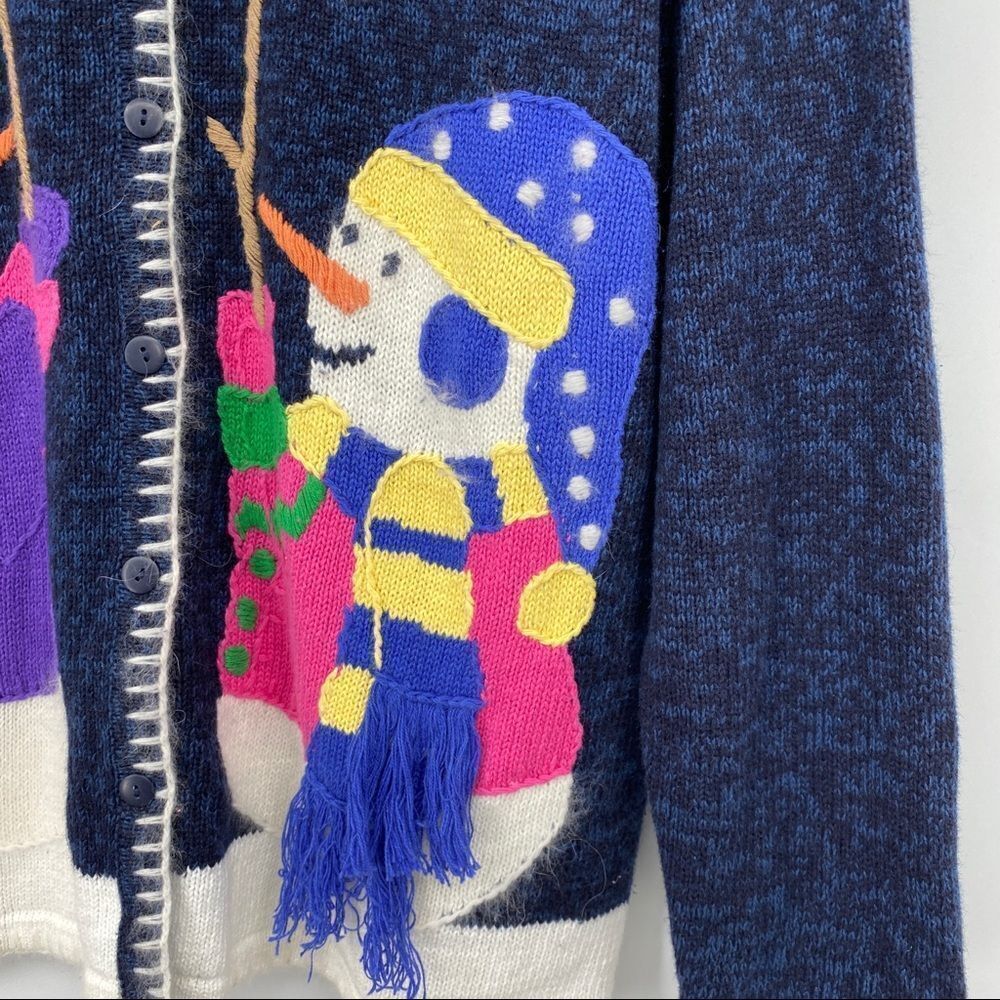 Quacker Factory Snowman Cardigan holiday sweater winter snow blue tassel medium - Picture 5 of 12